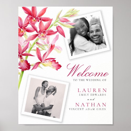 Red orchid watercolor modern wedding photo welcome poster