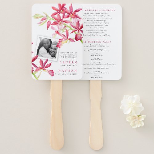 Red orchid watercolor wedding program photo hand fan