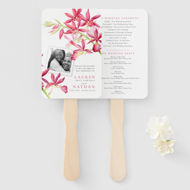 Red orchid watercolor wedding program photo hand fan (Front and Back)