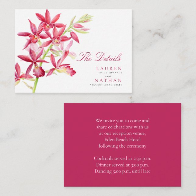 Red orchid wedding handy details enclosure card (Front/Back)
