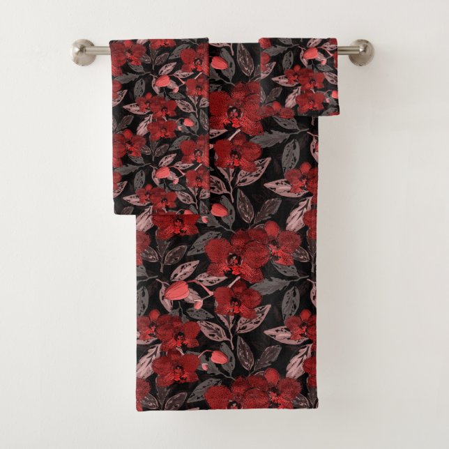 Red orchids on black.  bath towel set (Insitu)