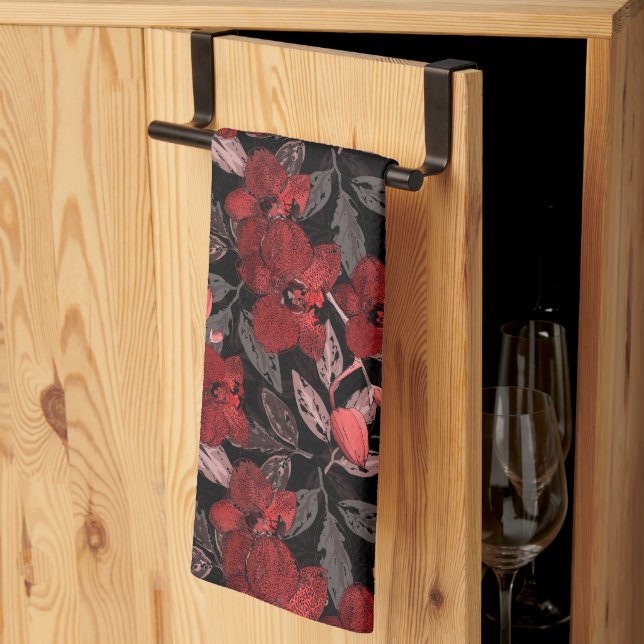 Red orchids on black. kitchen towel (Thirds Fold)