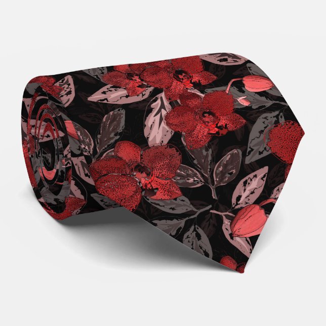 Red orchids on black.  neck tie (Rolled)