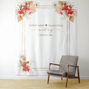 Red Orchids Pampas Grass Gold Photo Booth Wedding Tapestry