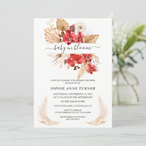 Red Orchids Pampas Grass Lunaria Baby in Bloom  Invitation