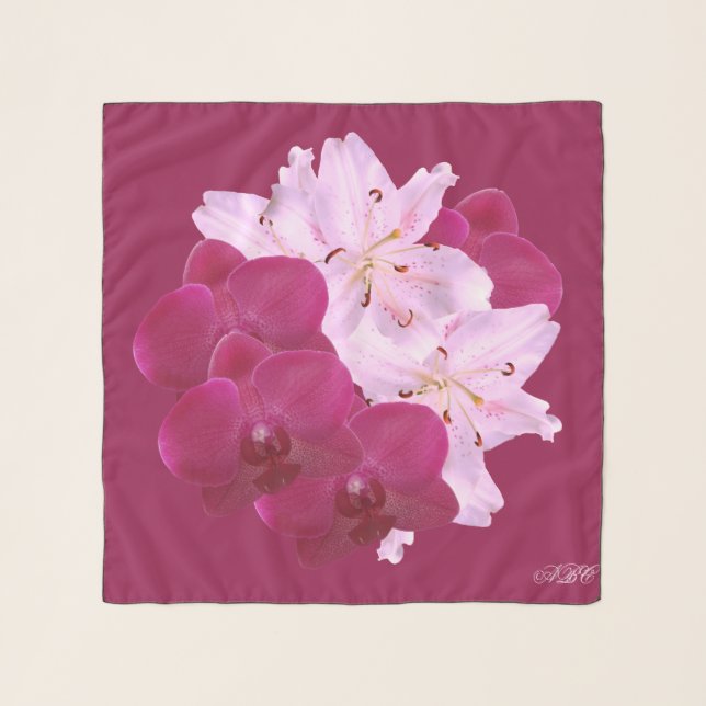 Red Orchids Pink Lilies Square Chiffon Scarf (Front)