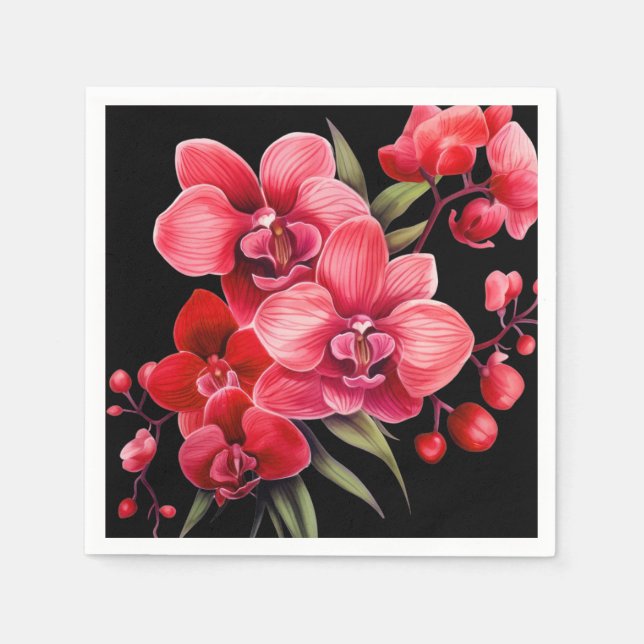 Red Orchids Red and Black Wedding Napkins (Front)