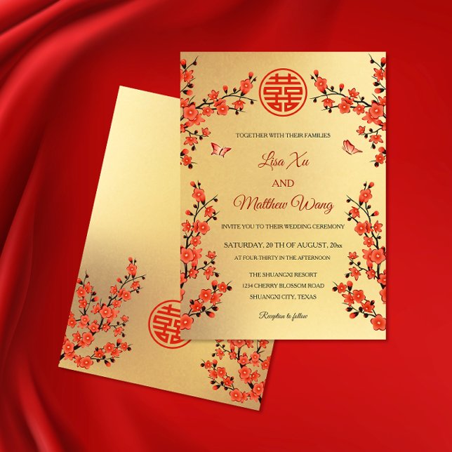 Red Oriental Blossom Gold | Chinese Wedding Invitation (Creator Uploaded)