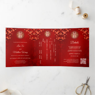Red Oriental Blossoms Gold   Chinese Wedding Tri-Fold Invitation