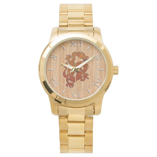 Red Oriental Dragon on Bamboo style Dial Watch (Front)