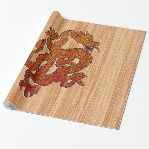 Red Oriental Dragon on Bamboo style Wrapping Paper