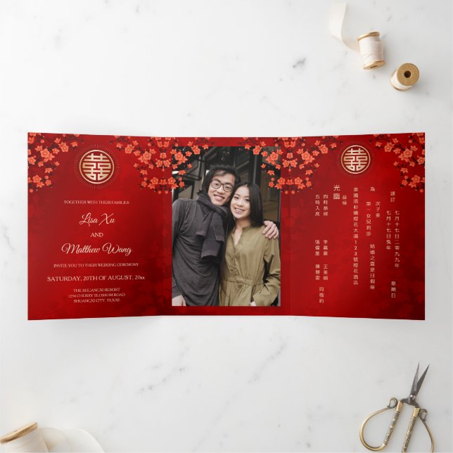  Red Oriental Floral | Photo Chinese Wedding Tri-Fold Invitation (Inside)