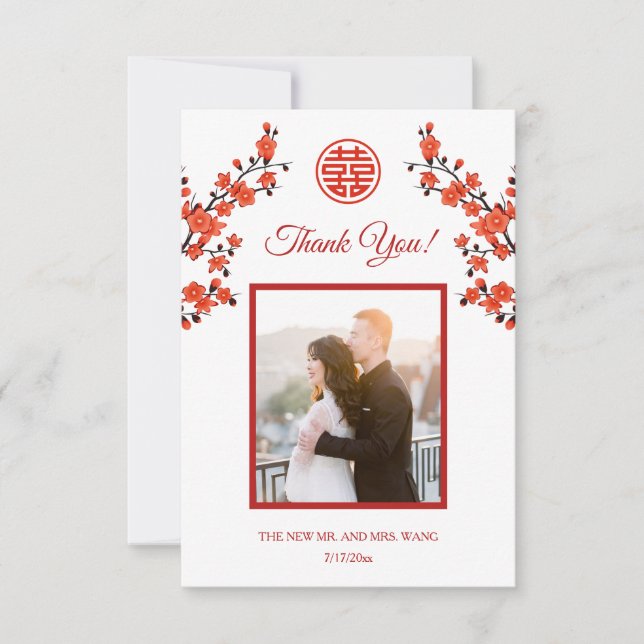 Red Oriental Flower Photo Chinese Wedding Thank You Card (Front)