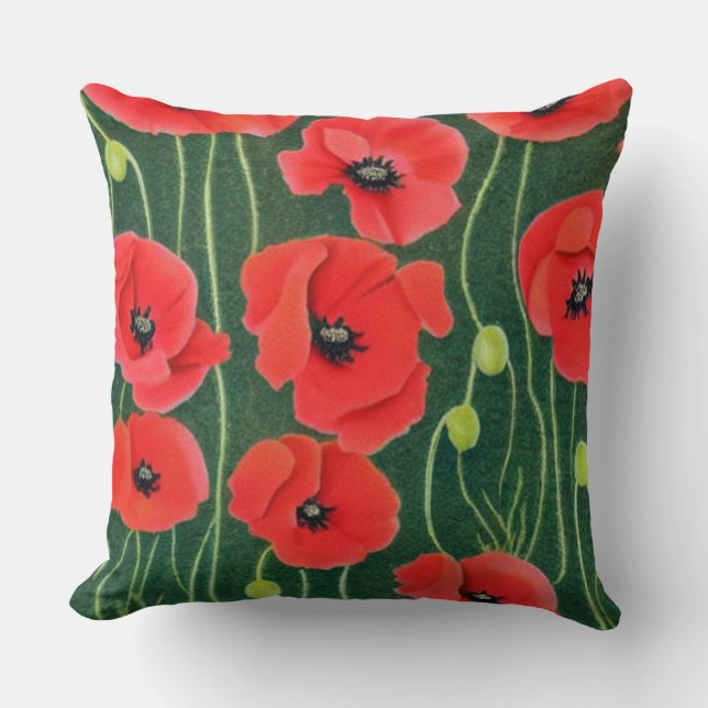 Red Oriental Poppy Floral Throw Pillow (Front)