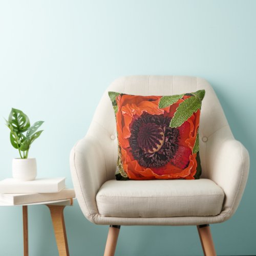 Red Oriental Poppy Floral Throw Pillow