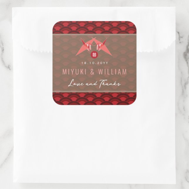 Red Origami Paper Cranes And Scallop Asian Wedding Square Sticker (Bag)