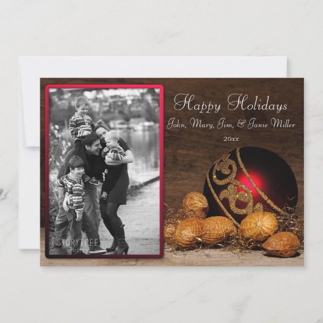 Red Ornament and Nuts Christmas Photo Card (Front)