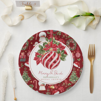 Red Ornament Christmas Merry & Bride Bridal Shower Paper Plates
