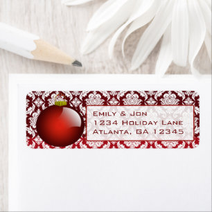 Red Ornament Damask Christmas Labels