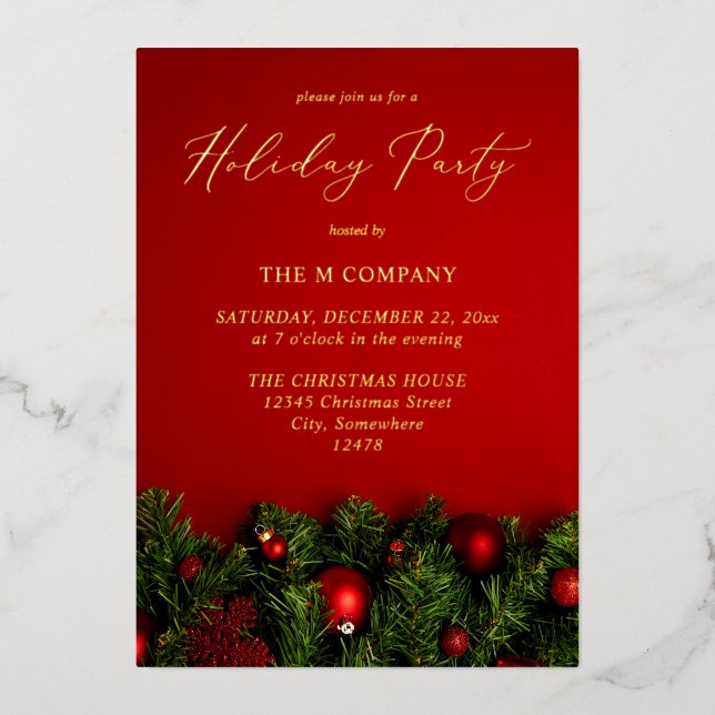 Red Ornament & Garland Holiday  Foil Invitation (Front)