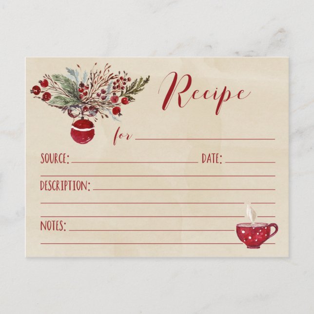 Red Ornament Holiday Recipe Watercolor Background Postcard (Front)