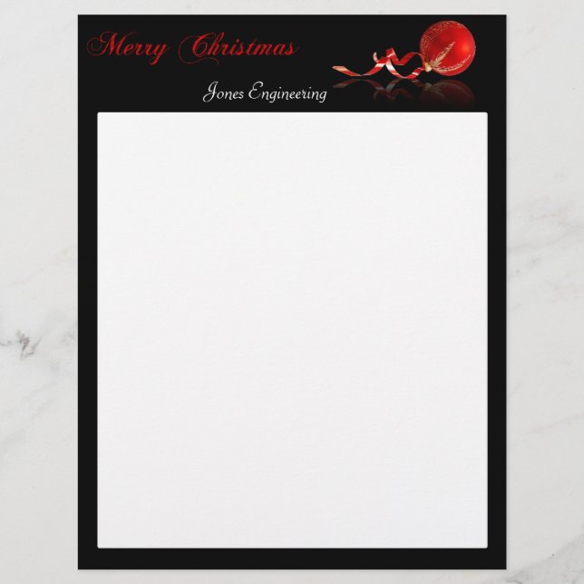 Red Ornament Merry Christmas on Black Letterhead (Front)