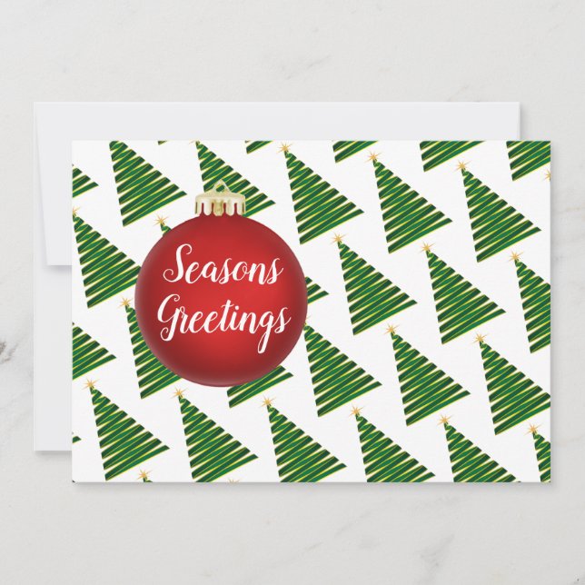 Red Ornament Over Tree Pattern Flat Holiday Card (Front)