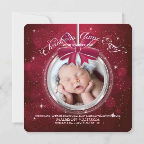 Red Ornament Photo Holiday Birth Announcement