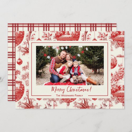 Red Ornament Toile Christmas Holiday Photo Card