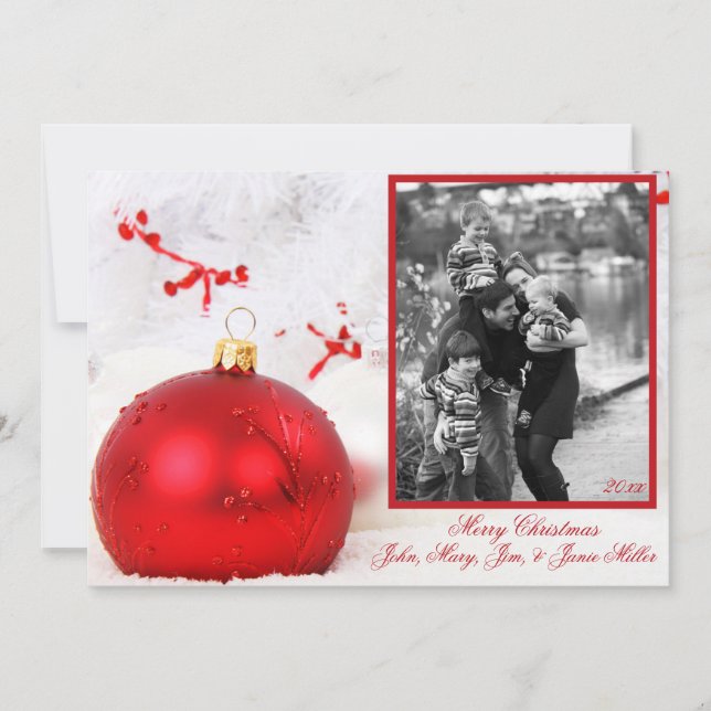 Red Ornament White Tree Photo Card (Front)