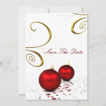 red ornament winter save the date announcement