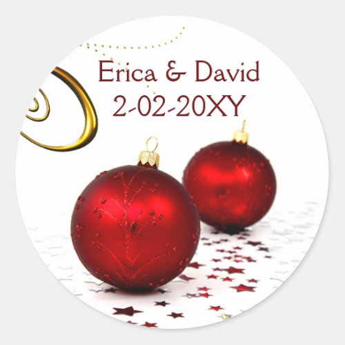 red ornament  winter wedding classic round sticker