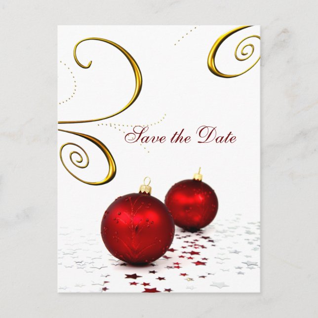 red ornament winter wedding save the date announcement postcard (Front)