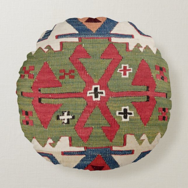 Red Ornamental Motif Colorful Blue Flower Round Pillow (Front)