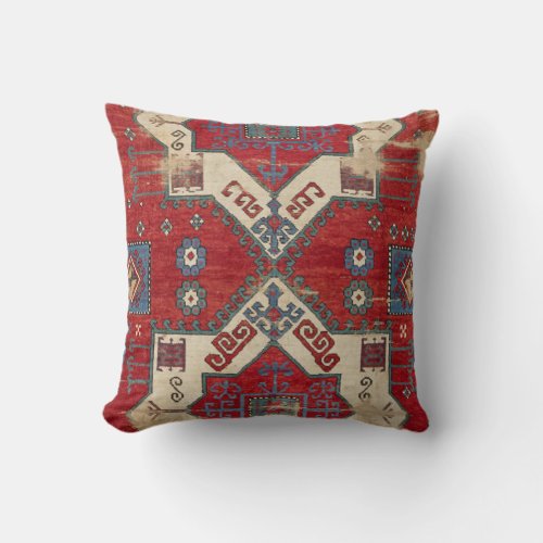 Red Ornamental Motif Colorful Blue Flower Throw Pillow