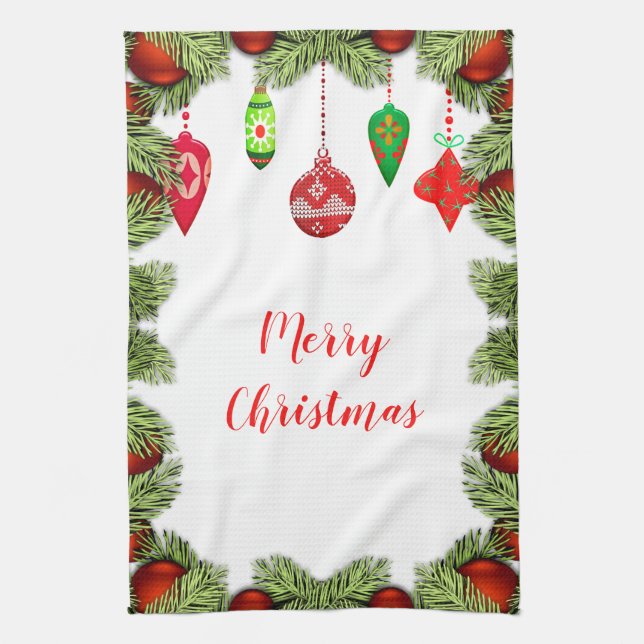Red Ornaments Christmas Kitchen Retro Holiday Towel (Vertical)