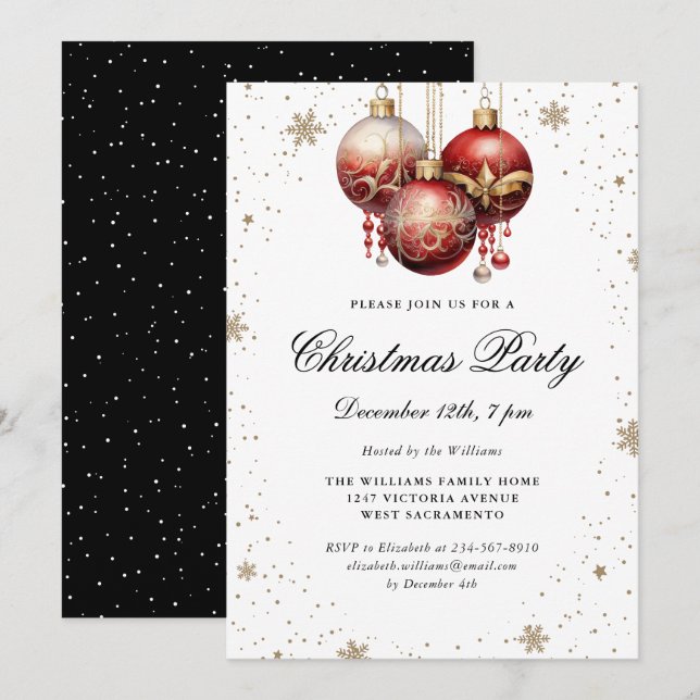 Red Ornaments Elegant Black Gold Christmas Party Invitation (Front/Back)