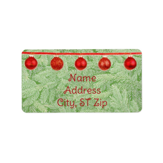 Red Ornaments Green Tree Personal Address Label (Front)