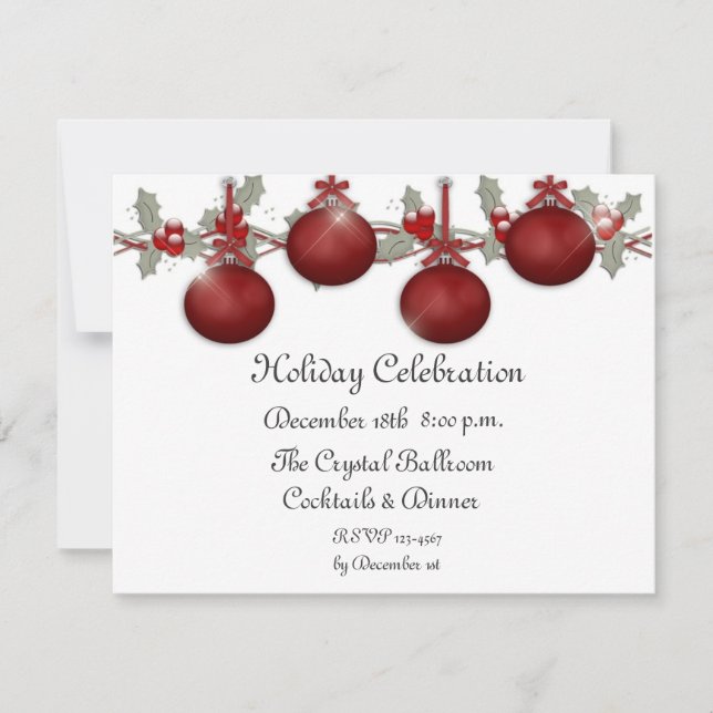 Red Ornaments Holly Invitation (Front)