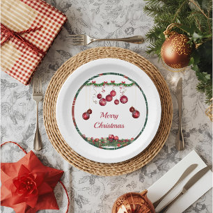 Red Ornaments Modern Christmas Party Paper Plates
