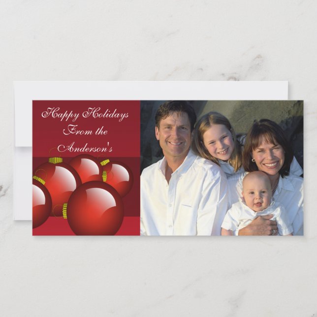 Red Ornaments on Deep Burgundy Wine Holiday Card (Front)