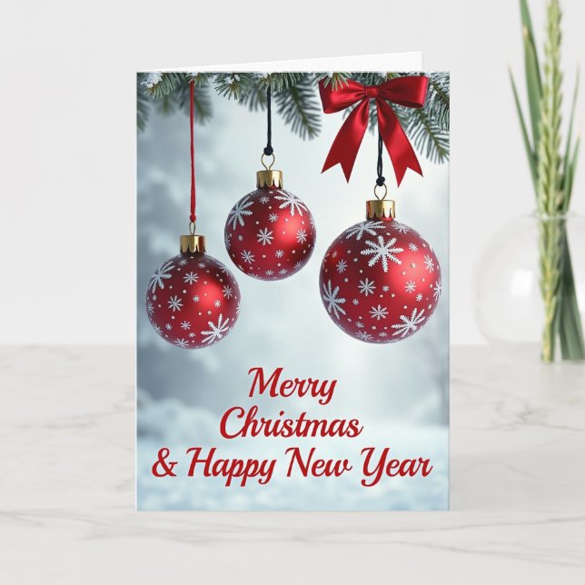 Red Ornaments Pine Bough Christmas Card (Front)