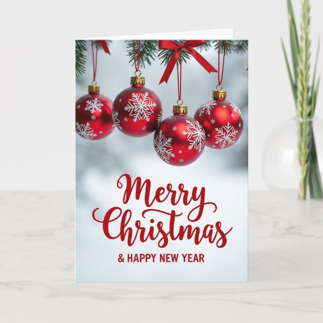 Red Ornaments Pine Bough Xmas Card (Front)