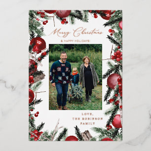 Red Ornaments & Pine Merry Christmas Photo Foil Invitation