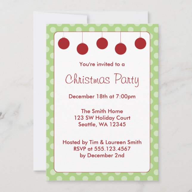 Red Ornaments Polka Dots Christmas Holiday Party Invitation (Front)