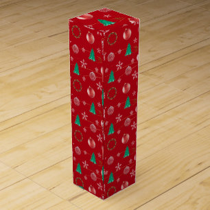 Red Ornaments & Watercolor Pines Christmas Wine Box