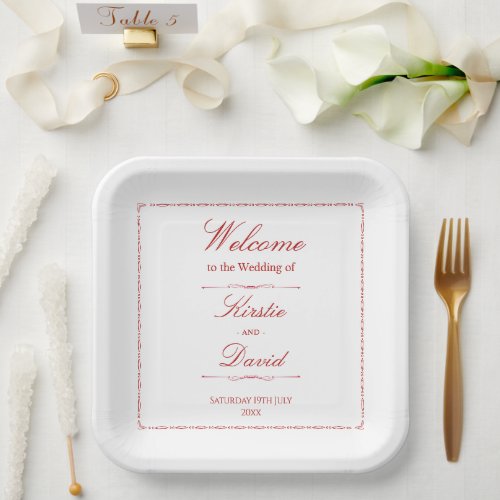 Red Ornate Border Wedding Paper Plates