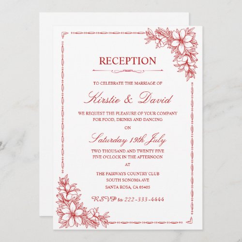 Red Ornate Floral  Border Wedding Reception Invitation