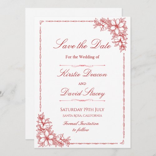 Red Ornate Floral Save the Date Invitation