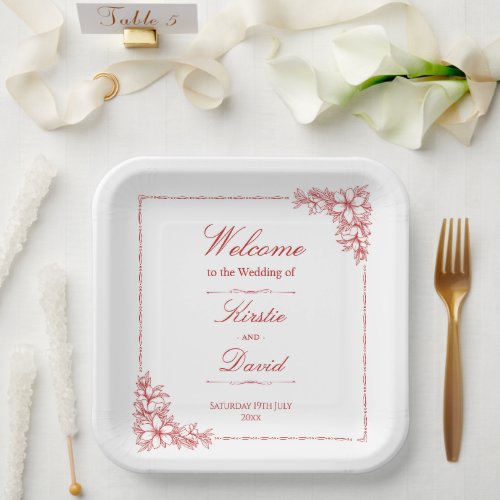 Red Ornate Floral Wedding Paper Plates
